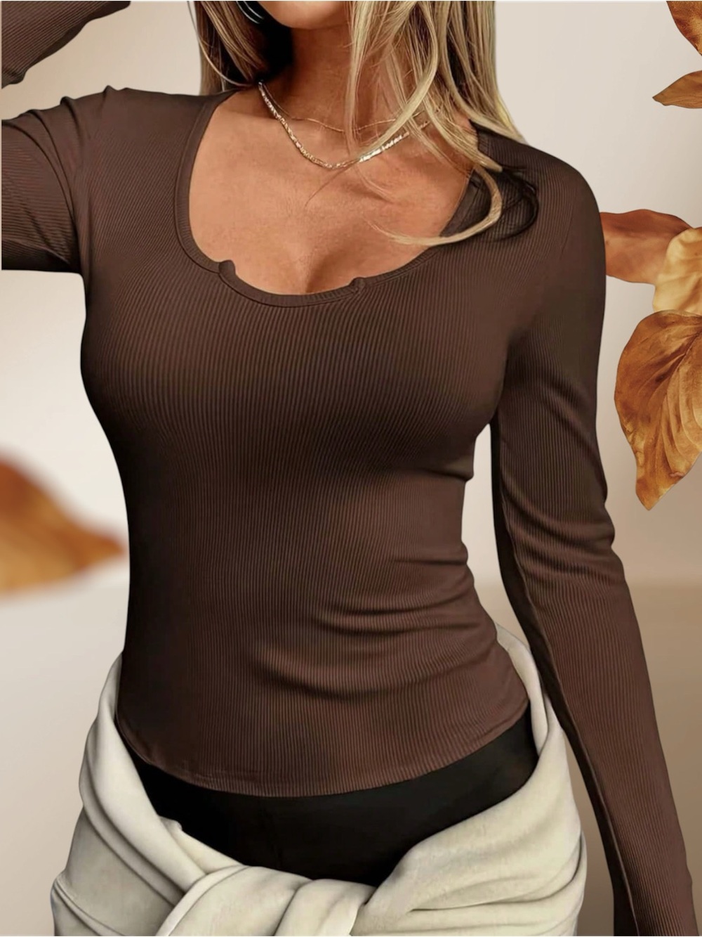 Ribbed Scoop Neck Long-Sleeve Top - Brown